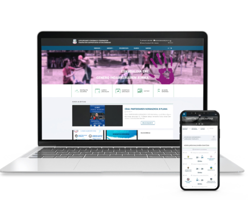 Gipuzkoako Eskubaloi Federazioaren webguneko hasiera orrialdea ordenagailuan eta smartphonean. Home de la web de la Federación Guipuzcoana de Balonmano en ordenador y en smartphone.