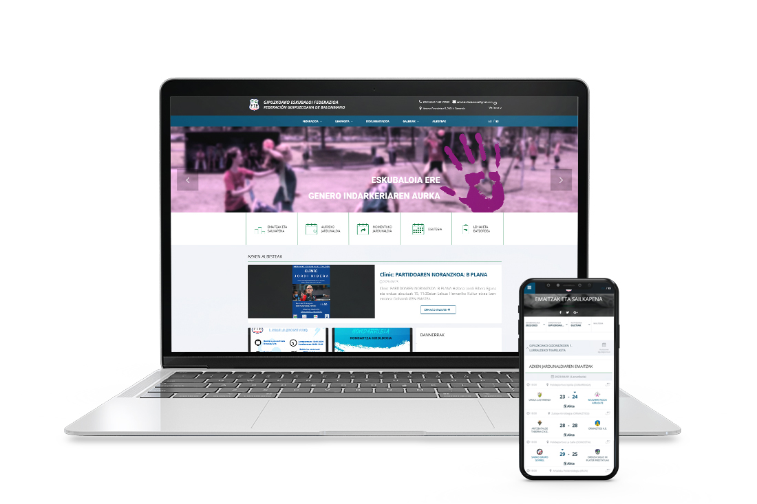 Gipuzkoako Eskubaloi Federazioaren webguneko hasiera orrialdea ordenagailuan eta smartphonean. Home de la web de la Federación Guipuzcoana de Balonmano en ordenador y en smartphone.