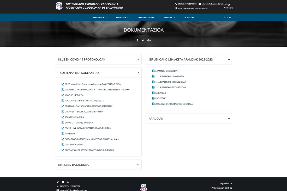 Federazioaren webguneko dokumentazio orrialdearen bista. Vista de la página de documentación de la web de la Federación.