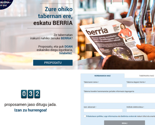 Berriaren kanpainaren webguneko kontaktu formularioaren bista. Vista del formulario de contacto de la página de la campaña de Berria.