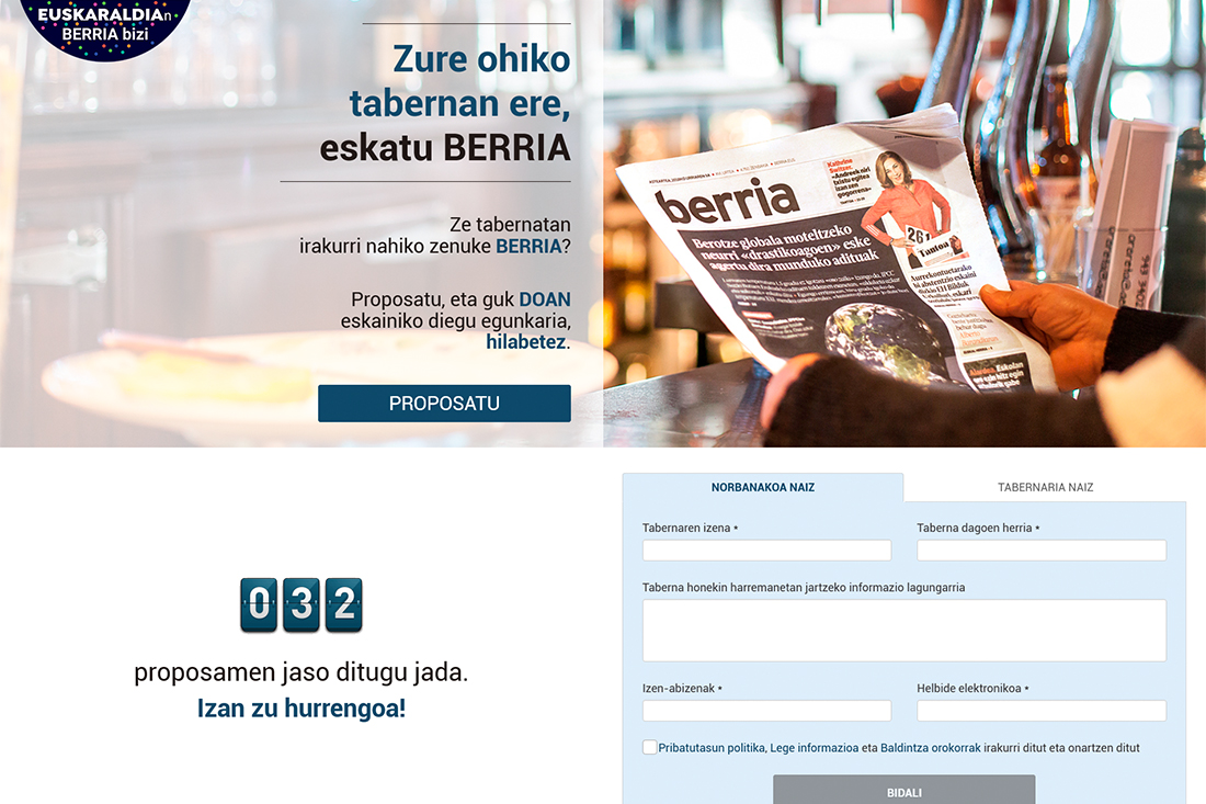 Berriaren kanpainaren webguneko kontaktu formularioaren bista. Vista del formulario de contacto de la página de la campaña de Berria.