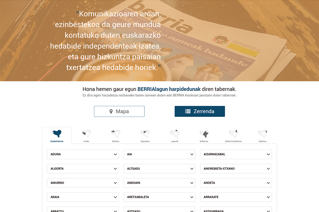 Berriaren kanpainaren webguneko zerrendaren bista. Vista del listado de la página de la campaña de Berria.