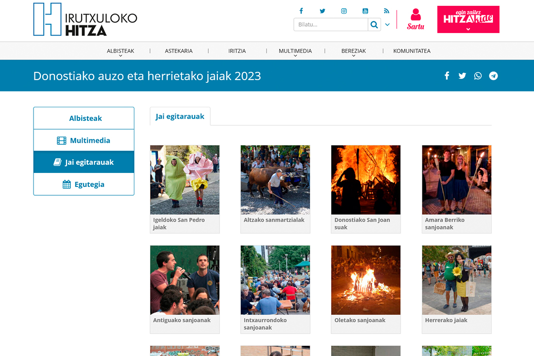 Hitza webgune bateko jaietako agenda bista. Vista de la agenda de fiestas de una web de Hitza.